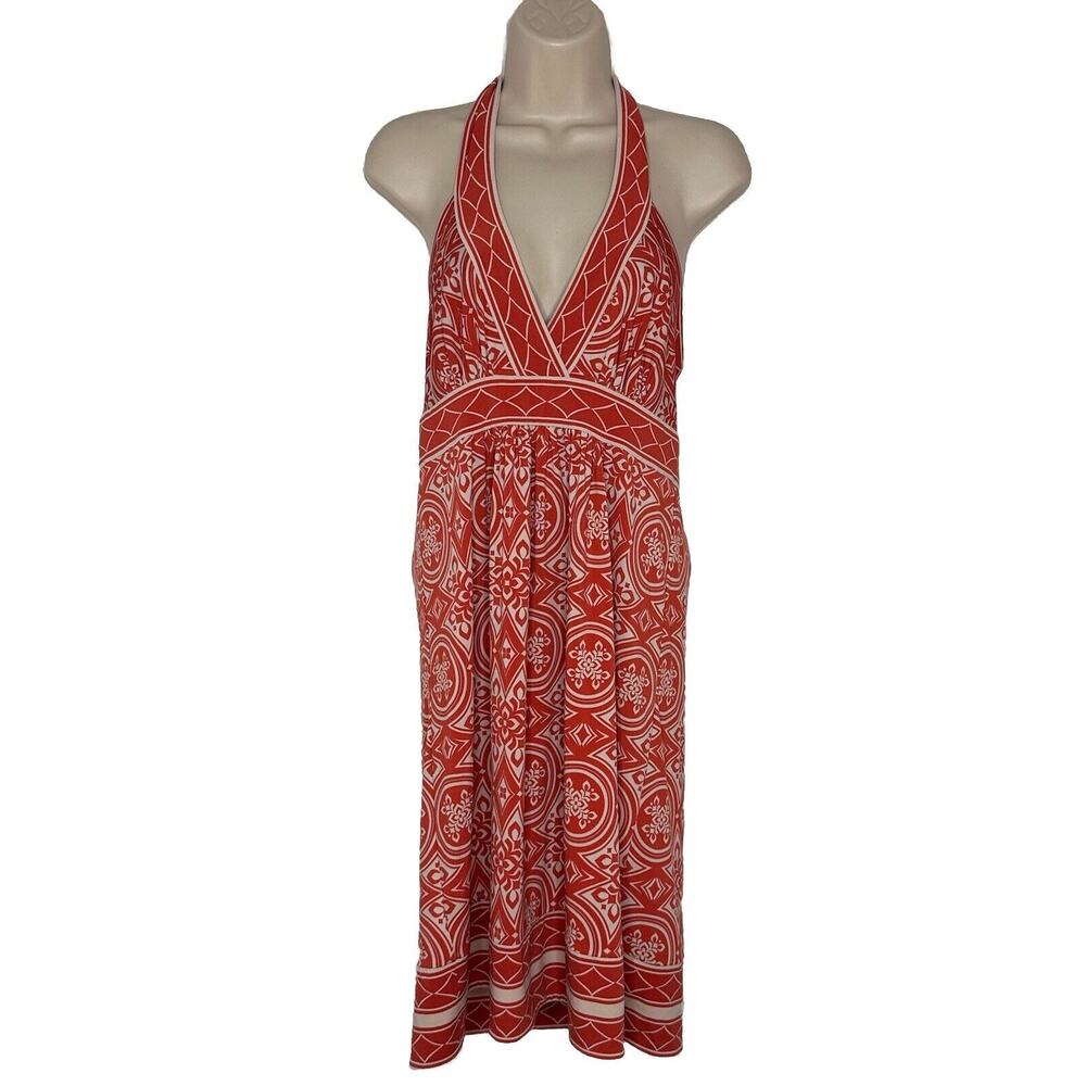 BCBGMaxazria Y2k Vtg Orange Medallion Print Halter Stretch Halter Dress Sz M